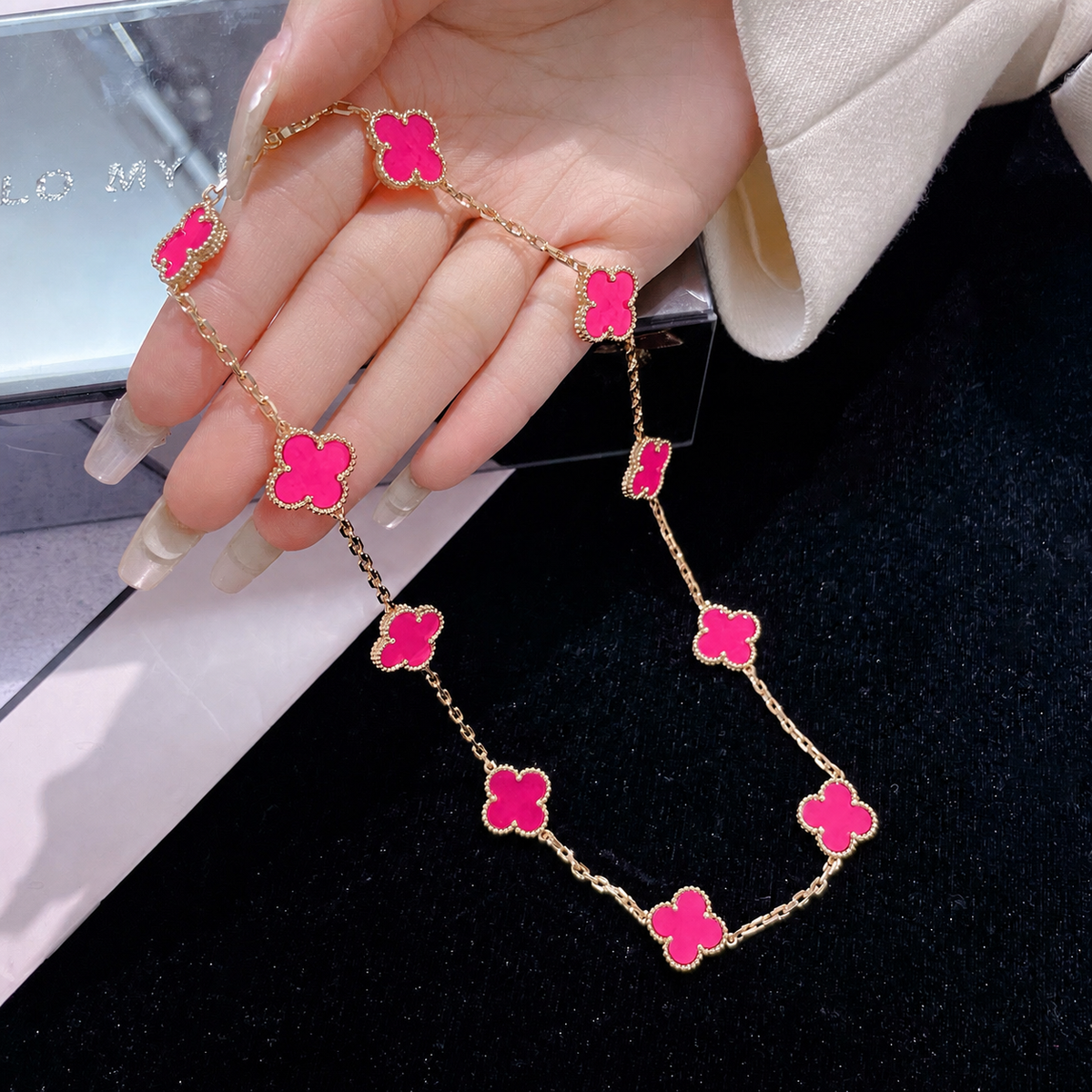 [Miro]NEW CLOVER 10 MOTIFS PINK ENAMEL NECKLACE