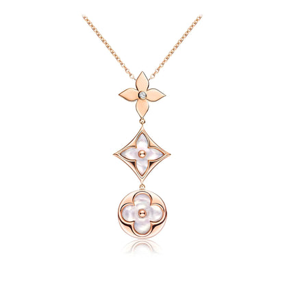 Miro COLOR BLOSSOM LARIAT NECKLACE PINK GOLD WHITE MOTHER PEARL AND DIAMOND